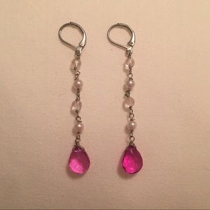 Light pink pearl dangling earrings with pink gem